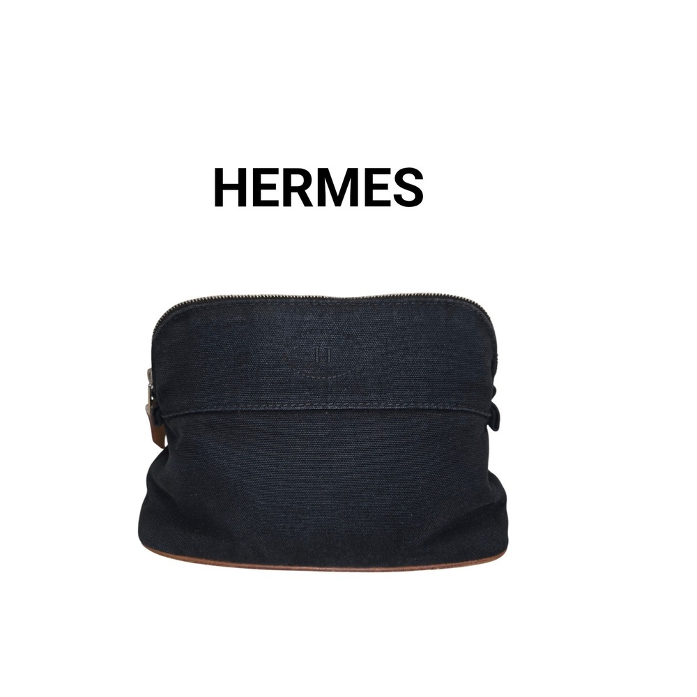 Hermes Bolide Pouch 20 Canvas Leather Trim Cosmetic Makeup Bag Navy Blue